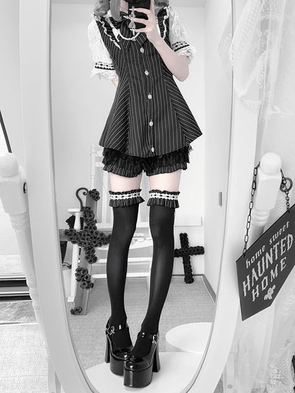 Minikleid + Shorts, Illusion-Ausschnitt mit Schnürung am Rücken + schwarz gestreiftes Jirai Kei-Set – Fliege