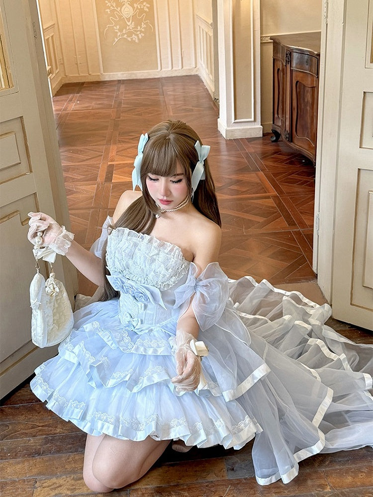 Blue Elegant Lolita Jumper Dress with Train and Sleeves - Diamond Honey
