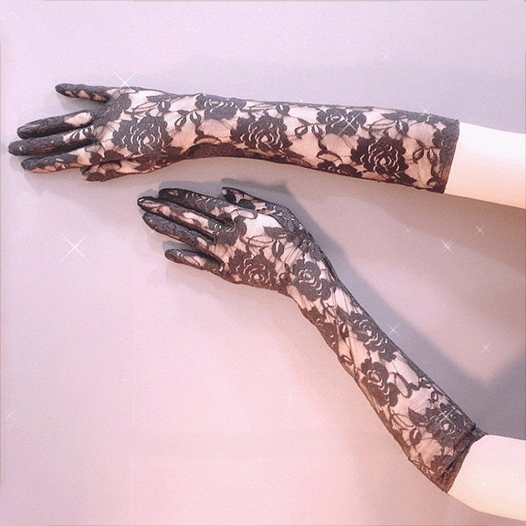 Black Details Gloves Lace Floral Long