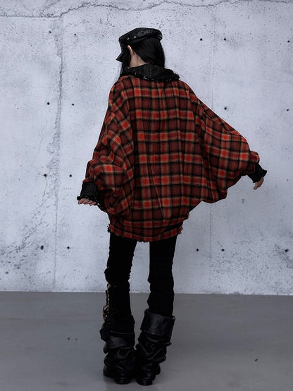 Vintage Snap-button Front Jacket Sleeves Red Batwing Closure with Punk Reversible Denim