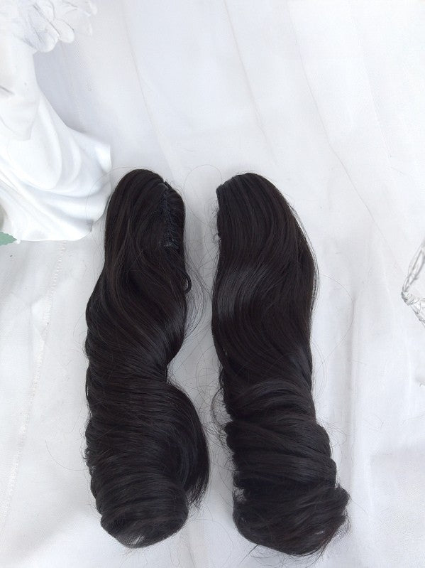 ストレートクリップ付きウィッグ 爪の長さ + カール 22CM ダブルローマンバングス ショートブラックポニーテール フル 30CM