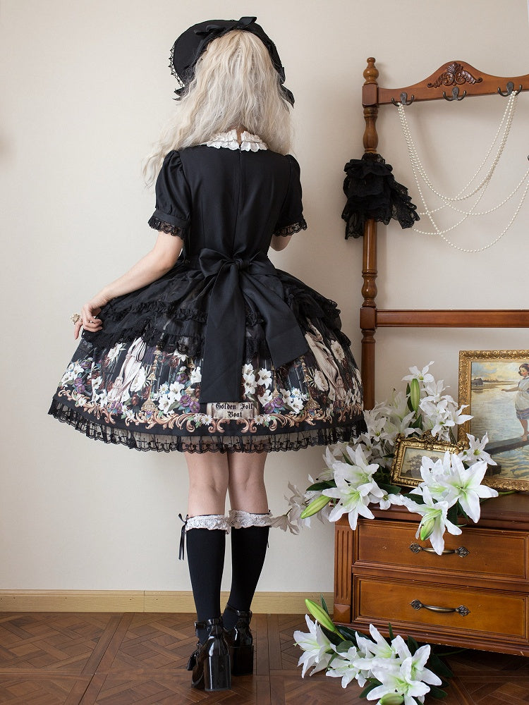 Lily and Puppet Doll Print Black Dark Gothic Lolita Short Sleeves Dress