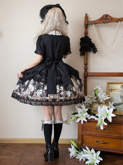 Lily and Puppet Doll Print Black Dark Gothic Lolita Short Sleeves Dress