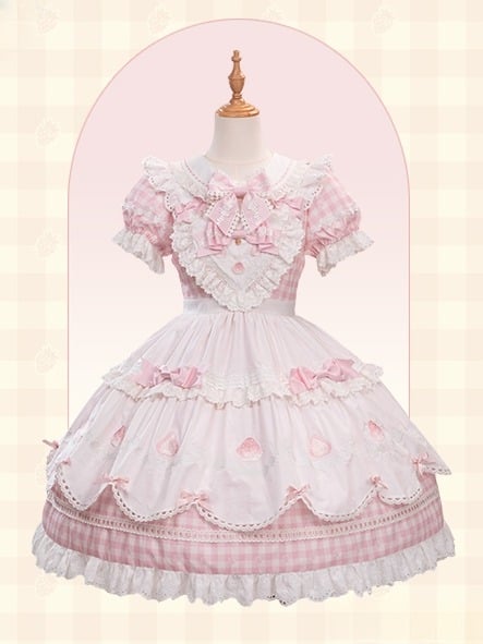 Lolita Print White Pink Puff Sleeves Gingham Sweet with Strawberry Dress