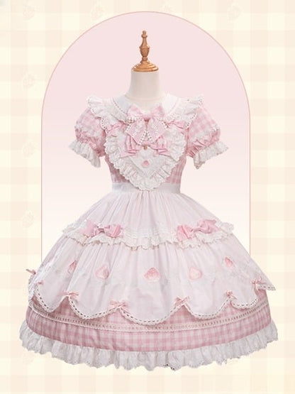 Lolita Print White Pink Puff Sleeves Gingham Sweet with Strawberry Dress