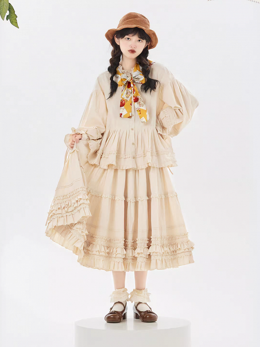 Loose Cotton Multi-Layer Ruffled Lolita Hem Elegant Skirt Beige
