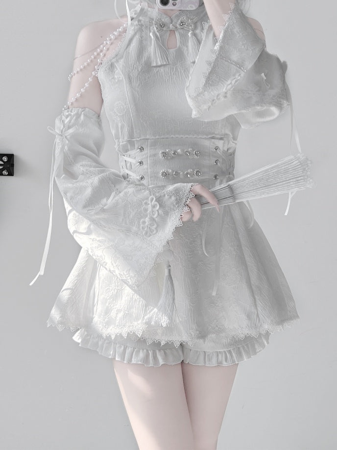 Jirai Kei White Jacquard Cheongsam with Set Detacable Collar Waist Chain+Lace-up Top Beaded Shorts