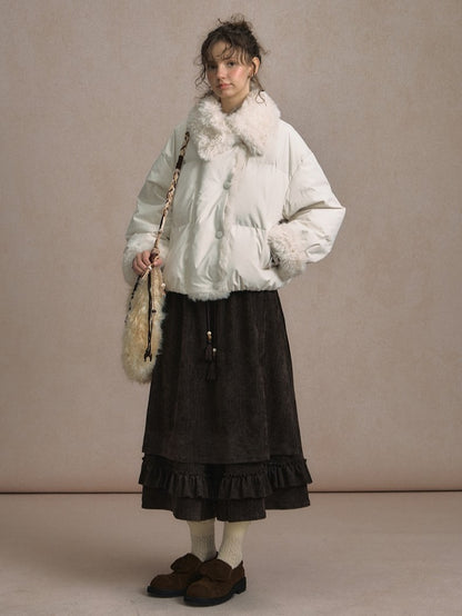 Beige/Brown Short Puffer Jacket with Faux Fur Trim and White Duck Down Filling