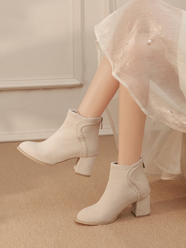 - High Version Beaded Heel Thicken Elegant Closures with Regular Cuff Beige Block Zip Boots Back /