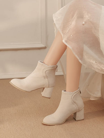- High Version Beaded Heel Thicken Elegant Closures with Regular Cuff Beige Block Zip Boots Back /