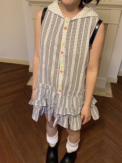 and Hooded Dots Polka Sleeveless Plaid with White Black Pattern Dress