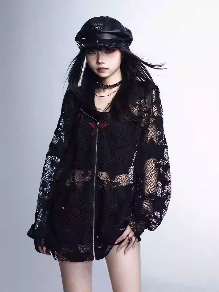 ジャケット Y2K 保護 ブラック スター柄 中空アウト サンフード付き