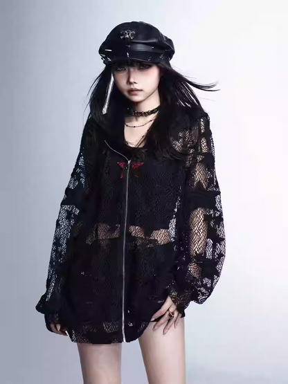 ジャケット Y2K 保護 ブラック スター柄 中空アウト サンフード付き