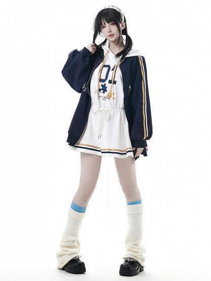 Dark Patch Style Blokette Core Zip-Up Shield Blue with | '01' Print Preppy Number Jacket