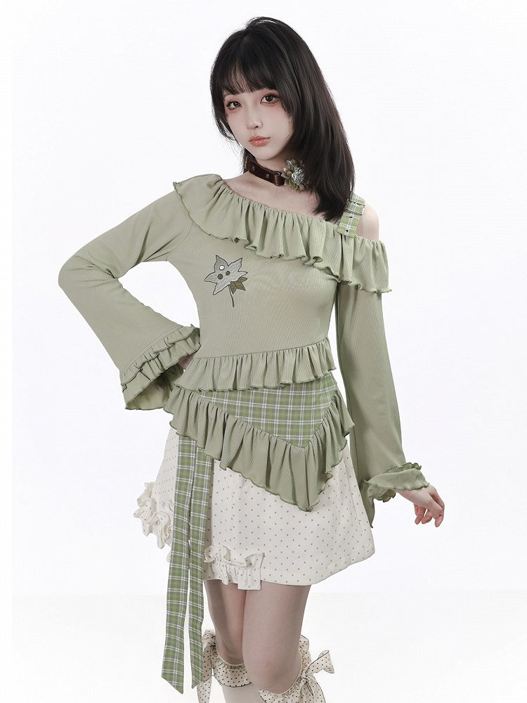 Asymmetrical Polka Dot Ruffled Skirt with Plaid Belt and Shorts - PINK SAVIOR