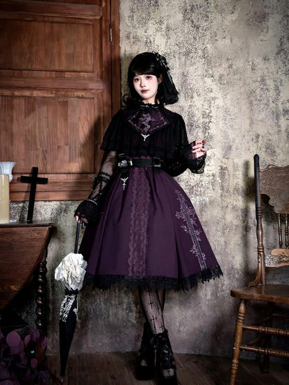 Embroidered Gothic JSK with Lace Accents - iris de nuit