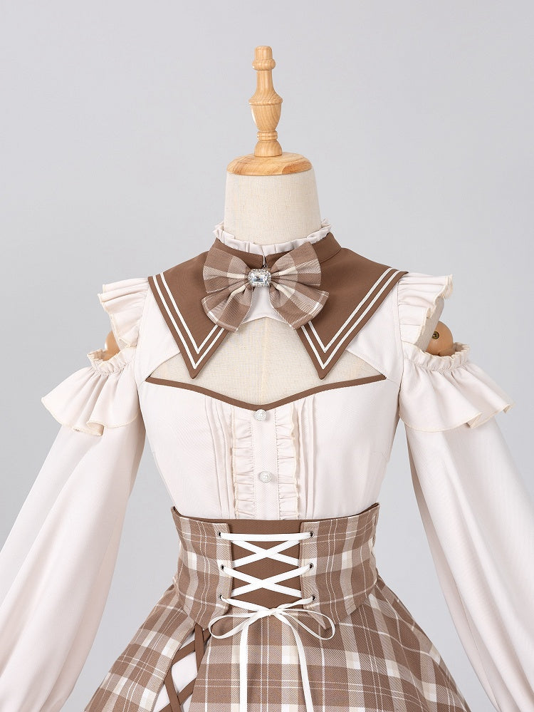 Coffee Long-Sleeve Blouse with Detachable Collar and Bowtie - DevilInspired Exclusive Collection
