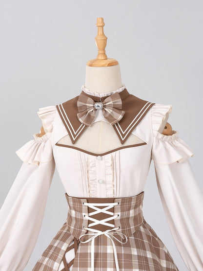 Coffee Long-Sleeve Blouse with Detachable Collar and Bowtie - DevilInspired Exclusive Collection