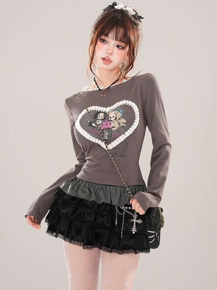 Grey/White Puppies Print Ruffle Hem Slim-fit T-shirt