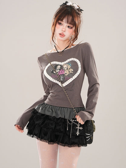 Grey/White Puppies Print Ruffle Hem Slim-fit T-shirt