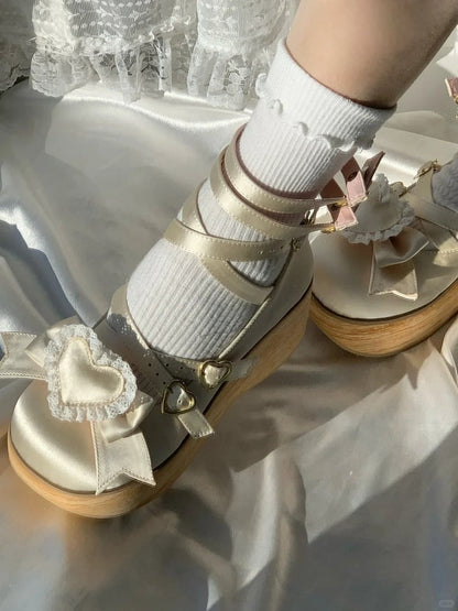 Snap Crisscross Janes in Sole Mary Satin Wood Platform Sweet Heart Lolita Grain with Champagne