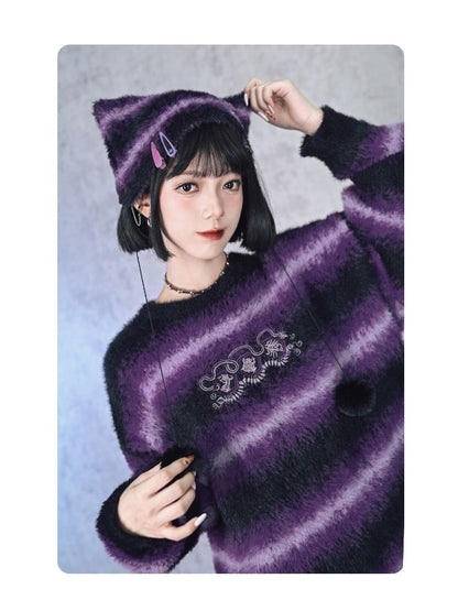 Pom-Poms Cat Gradient Stripes Purple Cheongsam Mink Beanie with Faux Ear Gothic