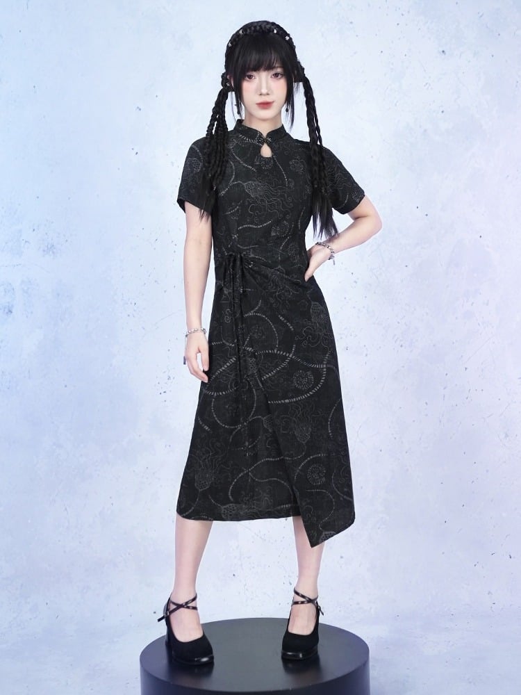 Black Gothic Short Sleeve Cheongsam Sea Lily Print - Quirky Hut