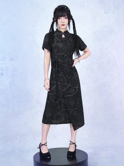 Black Gothic Short Sleeve Cheongsam Sea Lily Print - Quirky Hut