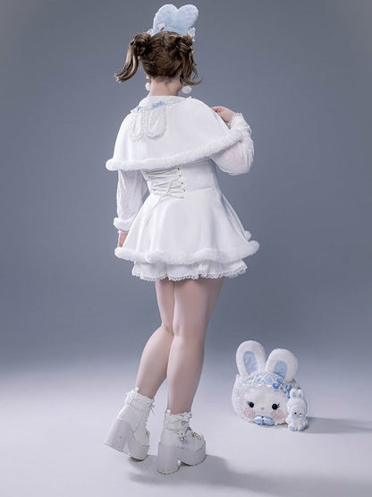 White Landmine Dress Blue Matching Shorts Plush Set Bunny Bow Ear Brooch Style Full Cape Lace +
