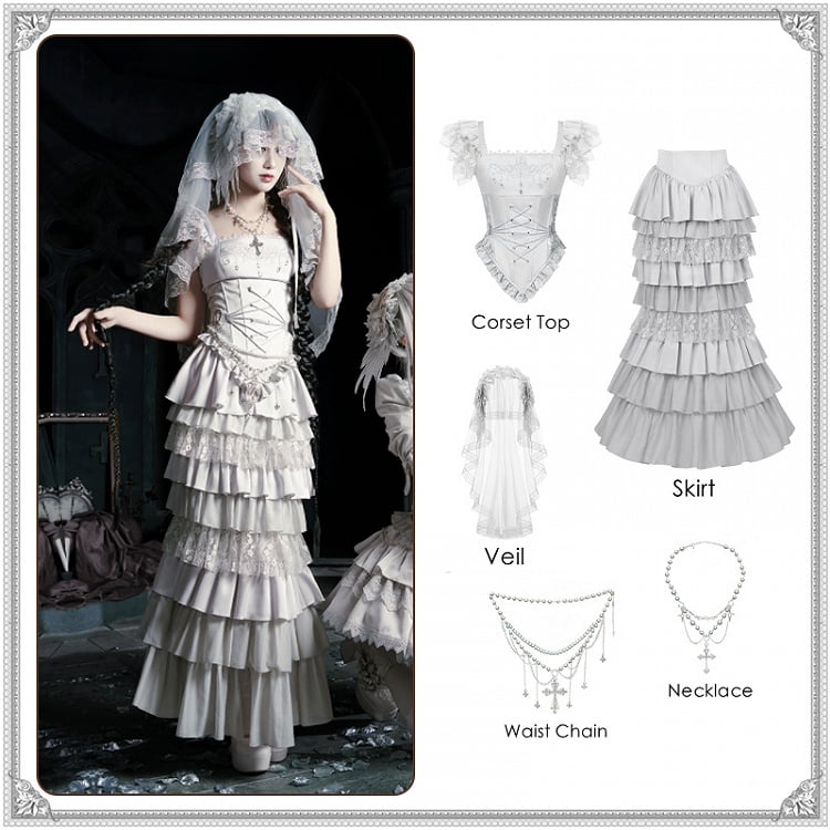 Veil Necklace Set - Silver Mermaid + Full Lolita Skirt Chain Tiered Top Waist Gothic Corset Head
