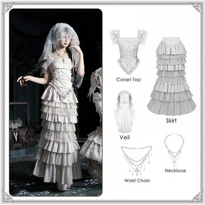 Veil Necklace Set - Silver Mermaid + Full Lolita Skirt Chain Tiered Top Waist Gothic Corset Head