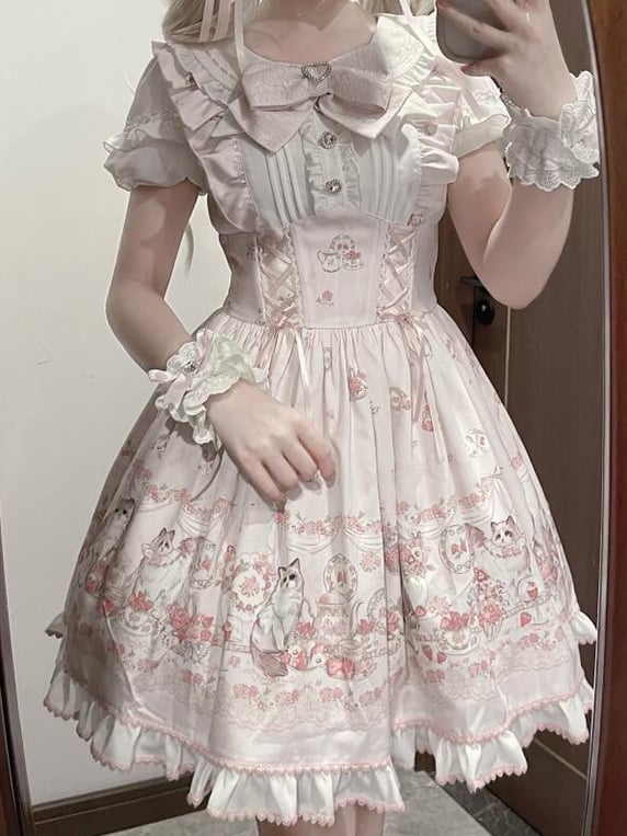 Lace-up Design Sweet Pleating Kei Details Print Pink Cat Jirai