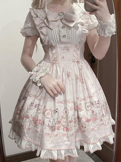 Lace-up Design Sweet Pleating Kei Details Print Pink Cat Jirai