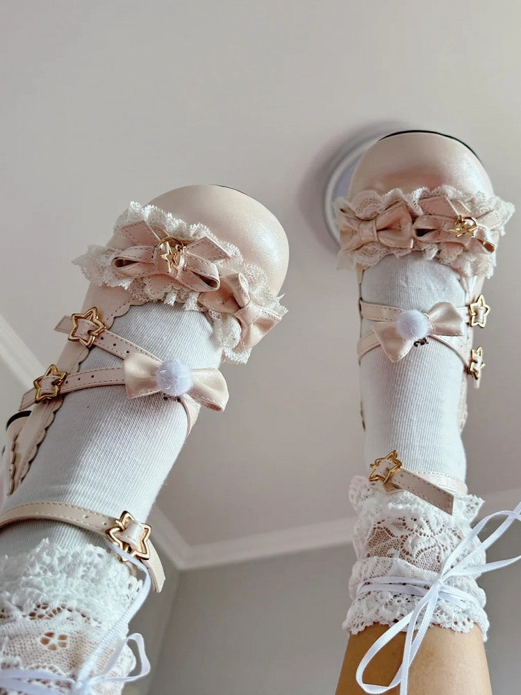 Sweet Janes Mary Lace Lolita PU with Trim in Leather Beige Mid-heel