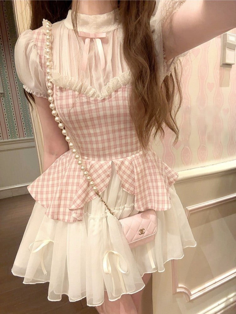 With Two-Piece Faux Pink Dress Pattern Plaid White