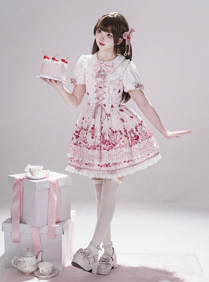 Pink Bunny and Cherry Print Short-Sleeve OP Dress with Matching Skirt - Doki Cherry