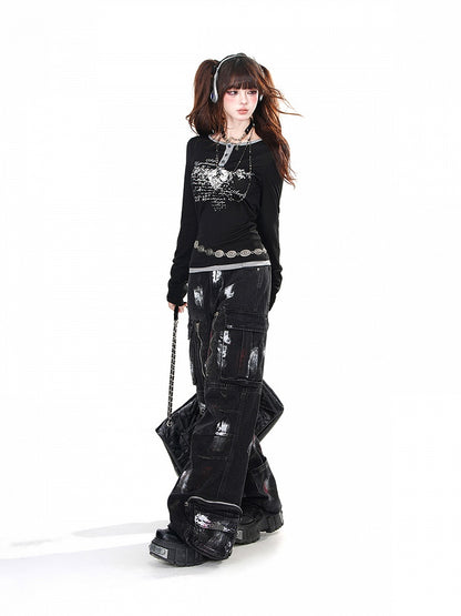 Schwarz/Grau/Pink Fake Zweiteiler Top