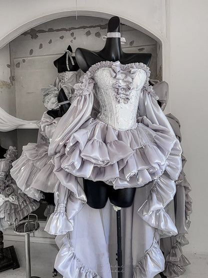 + Schnür-Ballettoberteil, komplettes Set, große Ärmel, Rock, Schleppe, Schleife, Korsett, silberfarben