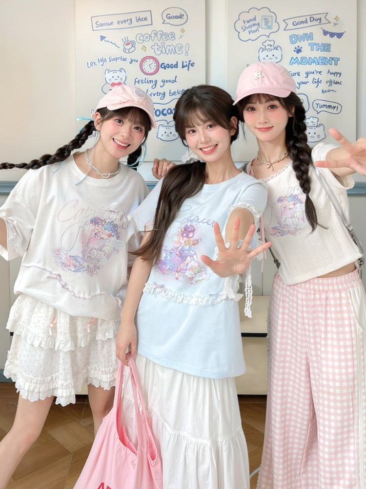 ブルー ラウンドネック レース ルーズ Tシャツ アップリケ 蟹座 星座プリント