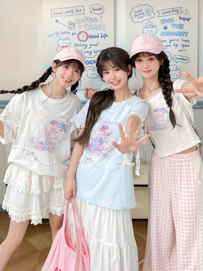 ブルー ラウンドネック レース ルーズ Tシャツ アップリケ 蟹座 星座プリント