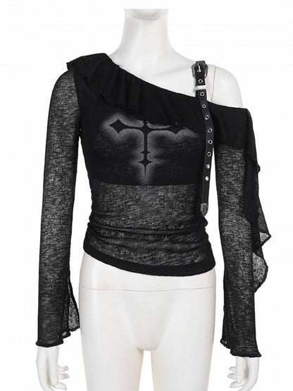 Strap Trim Print with Gothic Cross PU Top Neck Ruffle Halloween Asymmetrical Black