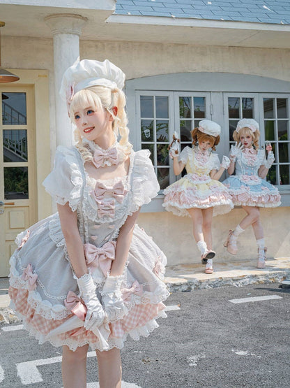 Light Purple Sweet Bow Plaid Short Sleeve Lolita OP Dress with Apron Set - Asleep Townlet