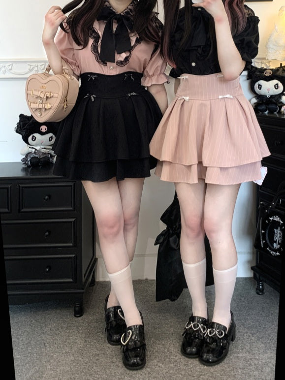 カットアウトショルダーレーストリムブラウスタイ（リボン付き） ジライケイ ブラック/レッド/ピンク/ホワイト