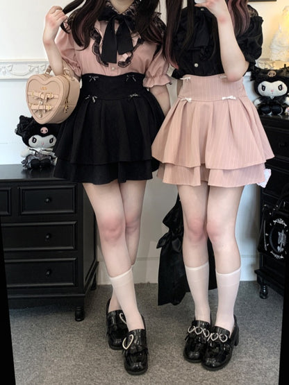 カットアウトショルダーレーストリムブラウスタイ（リボン付き） ジライケイ ブラック/レッド/ピンク/ホワイト