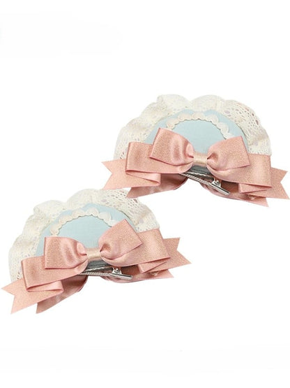 Bear Lace Pink/Green Bows Lolita Decorated Ear Hairclips Sweet