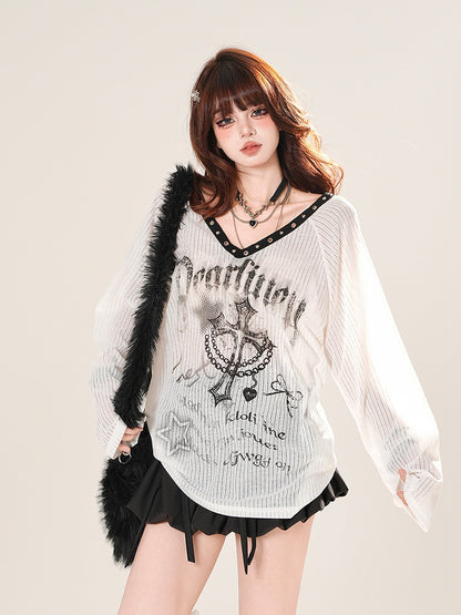 V-neck Cross Print Sun Protection Coverup Black/White