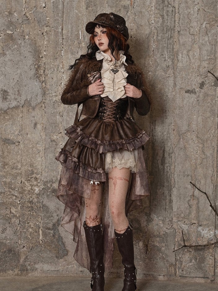 Braunes Steampunk-Overallkleid im Westernstil mit abnehmbarer Schleppe