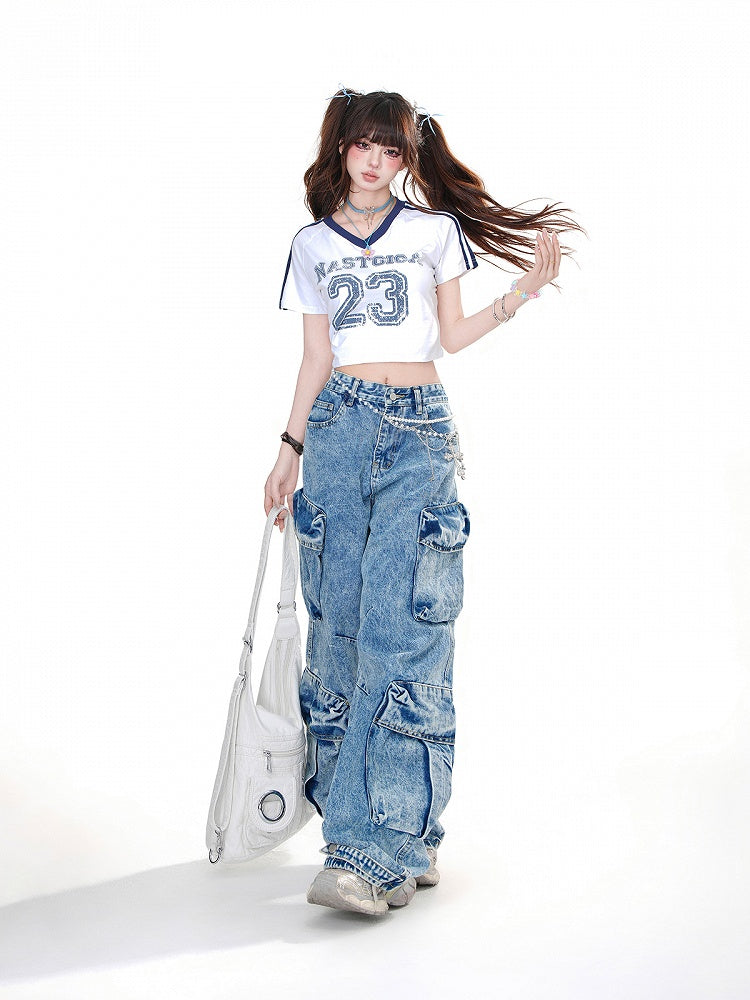 White/Black V-Neck Number Print Glamorous Cropped T-Shirt