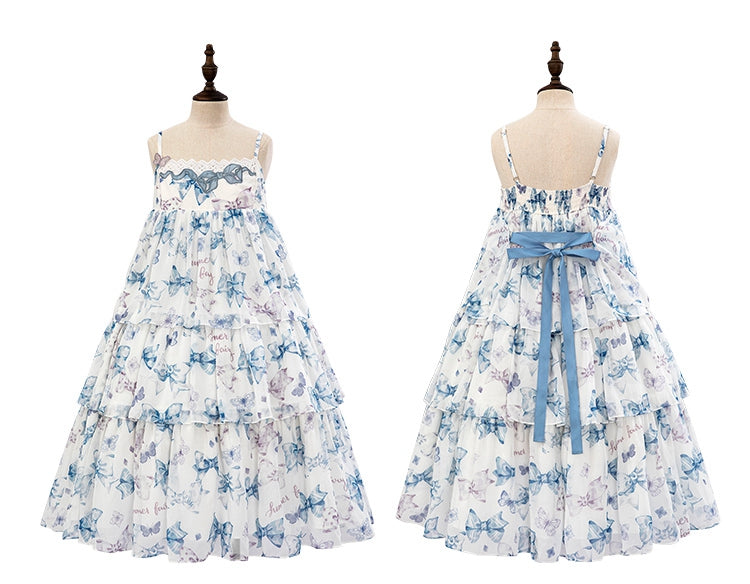 ブルーのハイウエストリボンプリントティアードスカート サマーロリータドレス