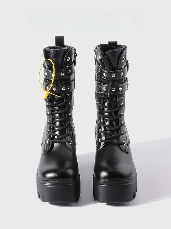 Chunky Lace-Up Heel Closure Dual System Punk on with Platform - Inner Buckle Zip Boots Black